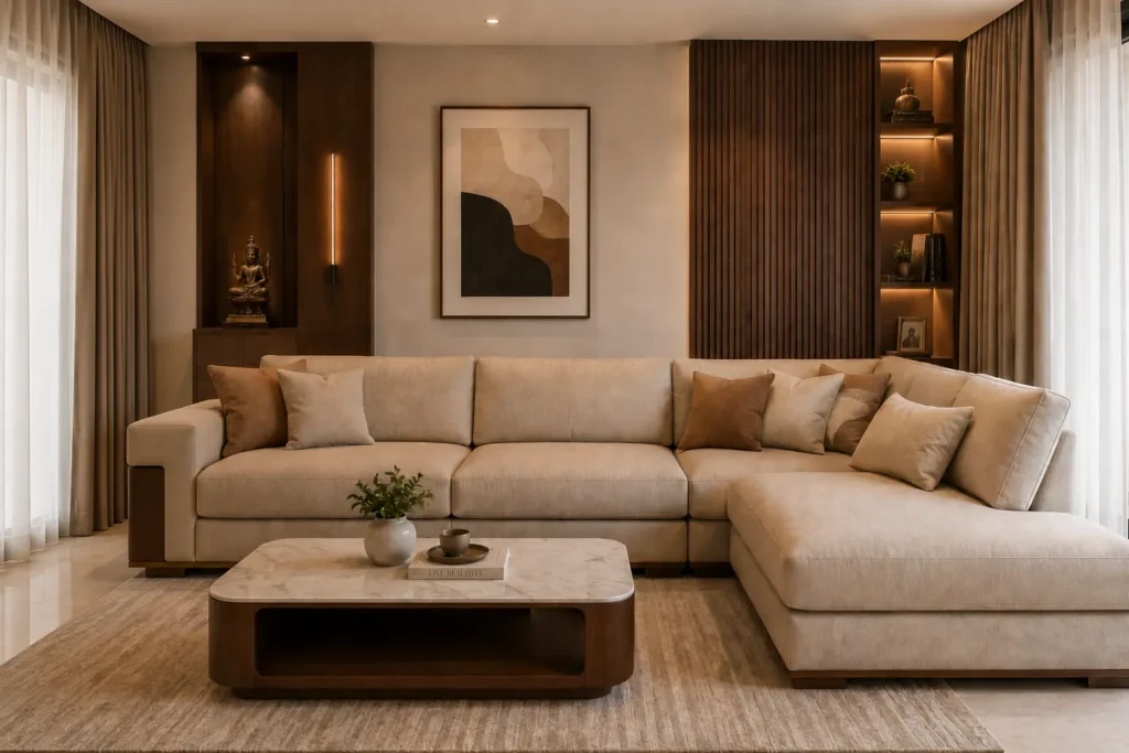 modern living room interiors with center table and sofa